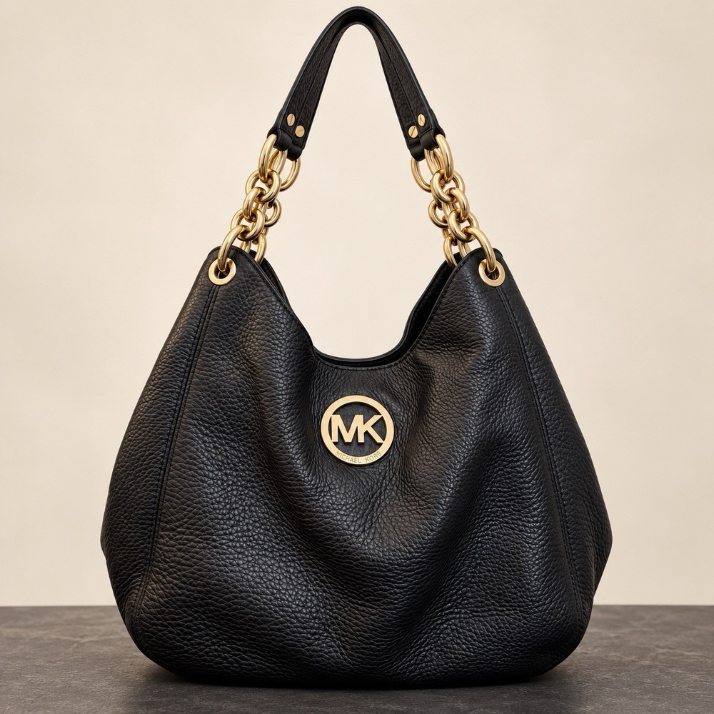 Michael Kors Fulton Chain Medium Hobo Shoulder Bag Black Pebbled Leather Tote